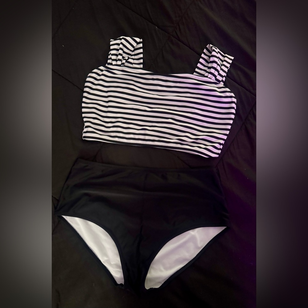 Striped Black and White Bikini Set-Large